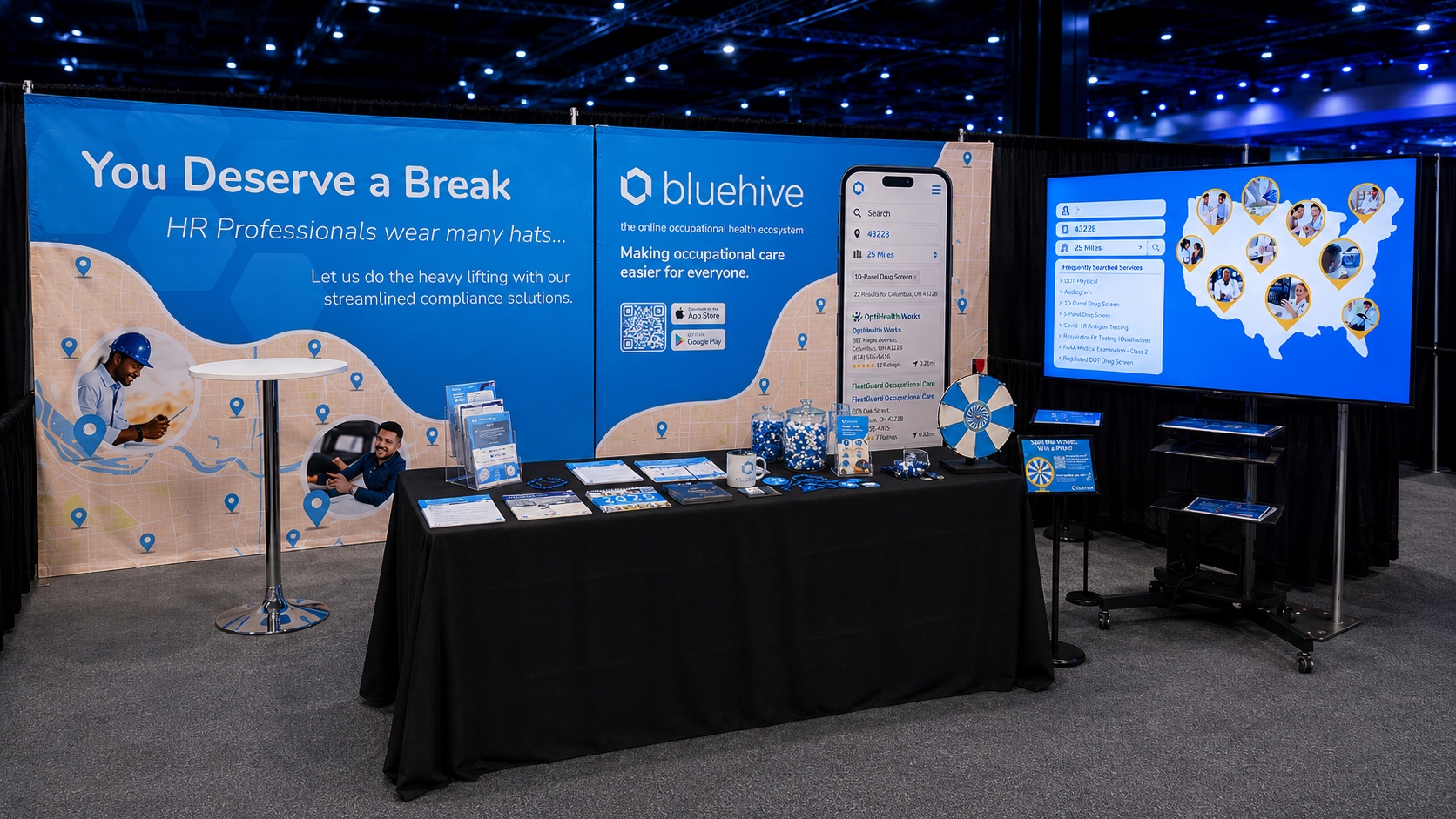 Original BlueHive booth with messaging, collateral, and a directory display