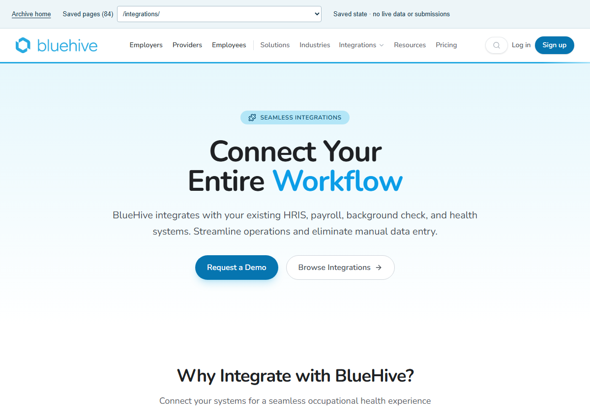Captured BlueHive /integrations/ page