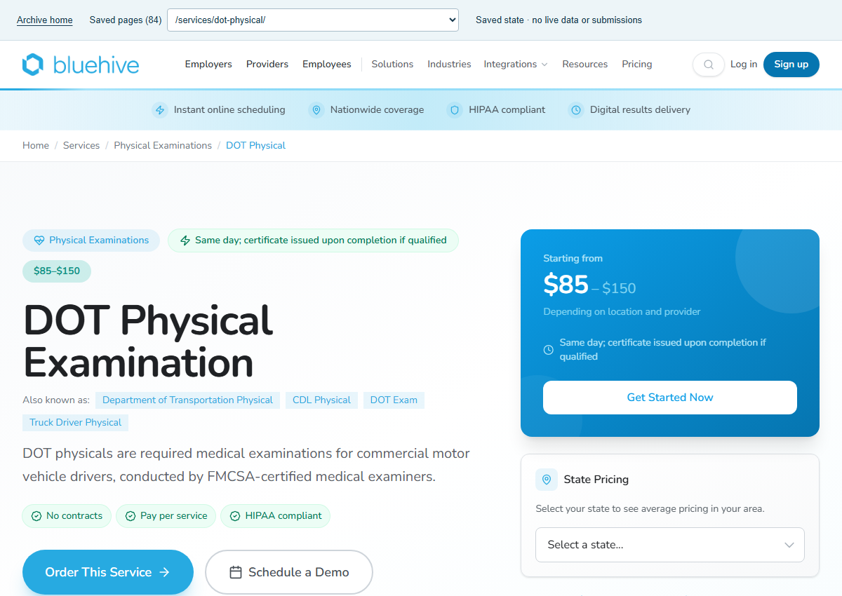 Original archived BlueHive /services/dot-physical/ page