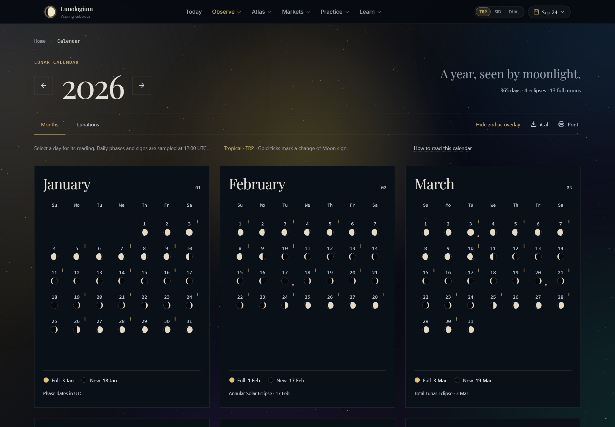 Historical Lunologium calendar interface with daily lunar phases.