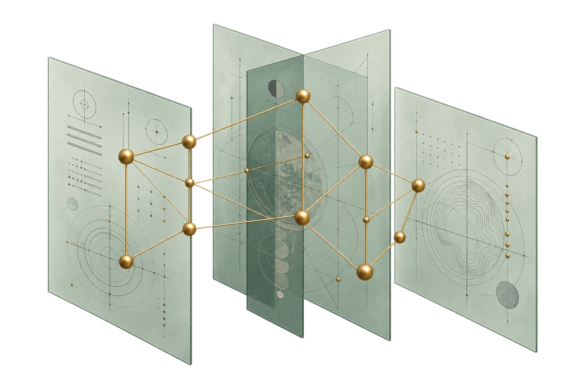 Translucent sage research panels connected by a fine brass evidence network